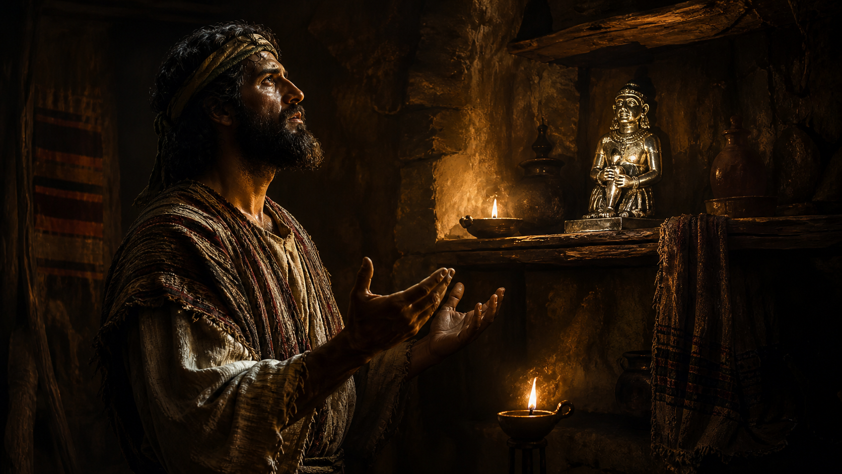 An Israelite man stands reverently before a homemade silver idol in a dimly lit stone shrine, representing the sincere but misguided idolatry of Micah in Judges 17.