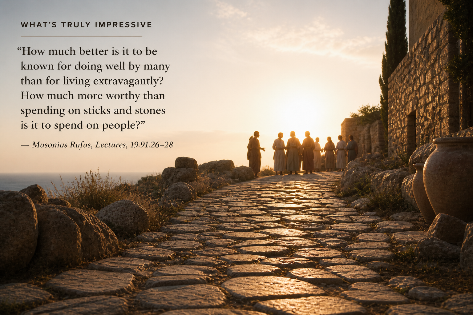 A simple ancient stone path leading toward a group of people in warm light, representing the transition from material focus to human connection.