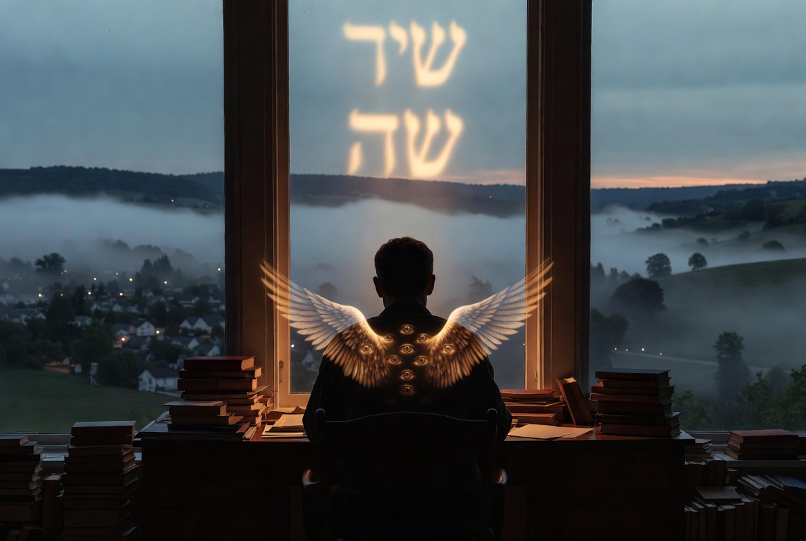 About James McLaughlin – Writer at desk overlooking misty Ohio hills with seraphim wings in window light