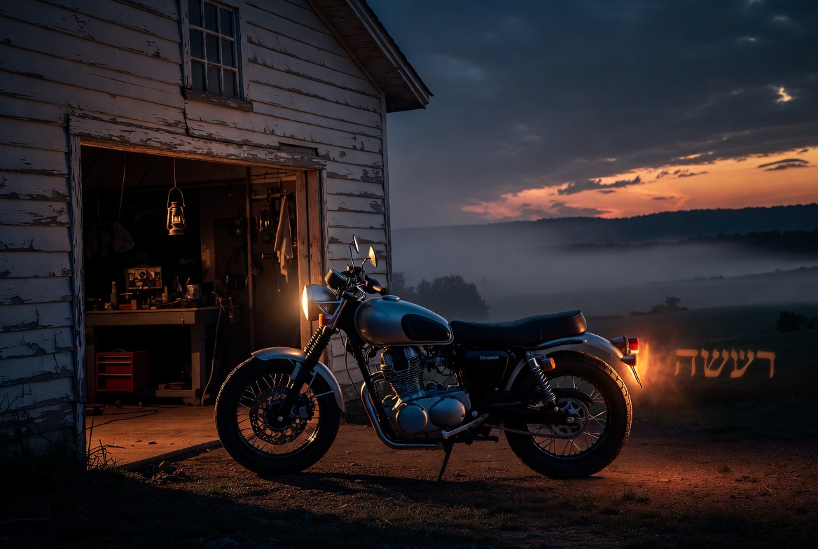 Beyond the Desk – Motorcycle by garage at dusk with Ohio hills in background