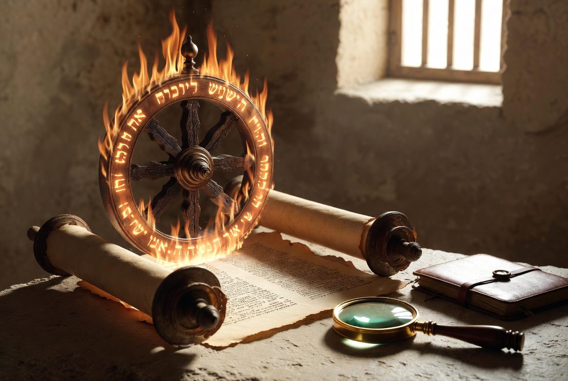 Bible Study Tools – Ancient scroll, magnifying glass, and notebook on stone table with fiery wheel