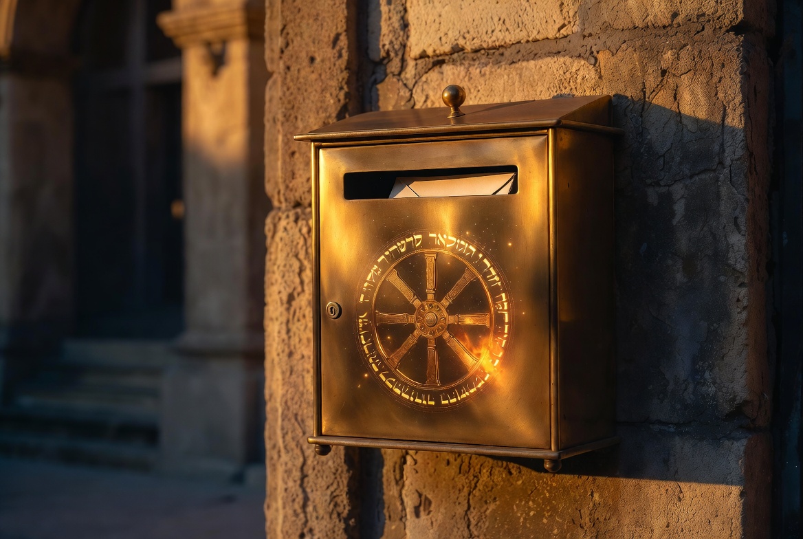 Contact – Vintage brass mailbox on stone wall with letter inside