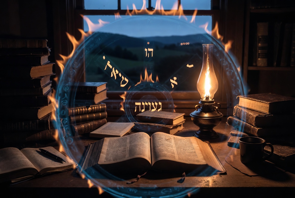 How I Study the Bible – Late night wooden desk with open Bible, lamp, and notes under cosmic fiery wheel with Hebrew text