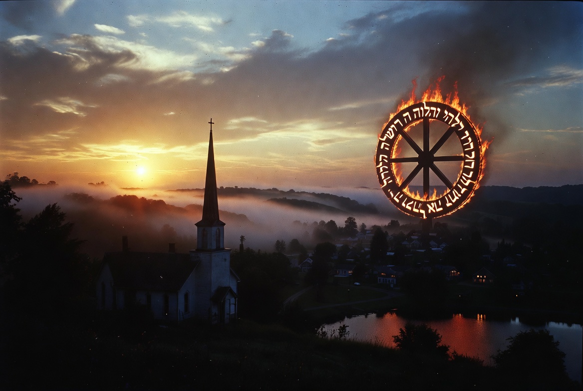 JAYMS.COM Homepage – Southeast Ohio church steeple at dawn with fiery Ophanim wheel in the sky