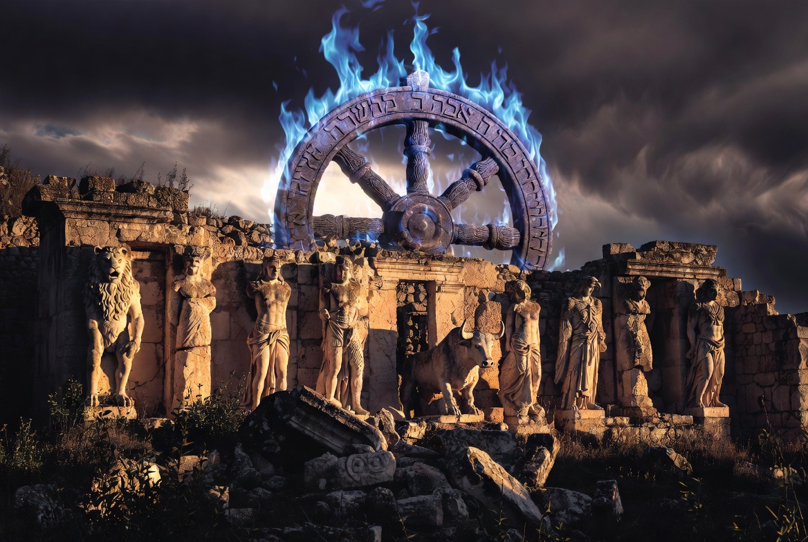 Lesser Gods of the Old Testament – Ruined pagan temple with broken statues beneath a blazing fiery wheel and Hebrew scripture