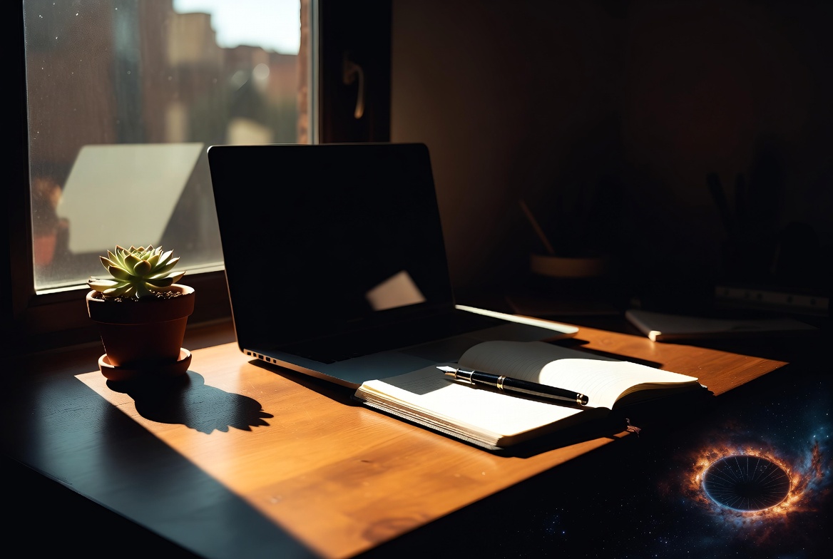 Software I Use – Minimal wooden desk with laptop, notebook, and fountain pen