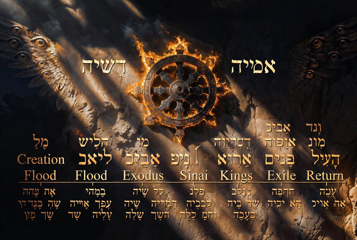 The timeline appearing as glowing constellations in a dark cosmic void, with the fiery wheel as the central “wheel of time.