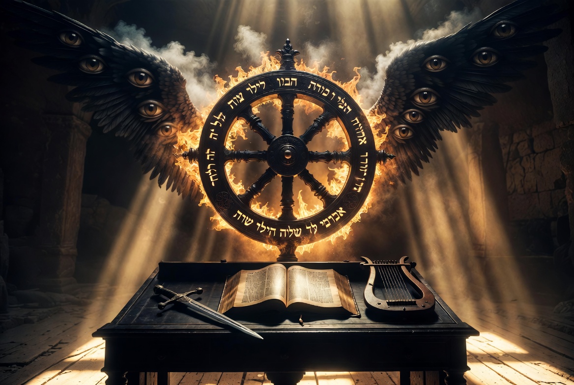 The Psalter Command Center | Deep engagement with the Book of Psalms – biblical command center with ancient Psalter, lyre, and divine fiery wheel"