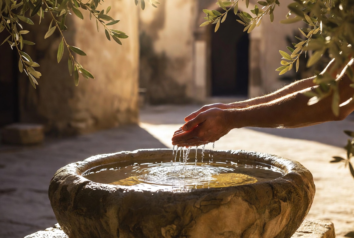 Washing Away the Dust of Life – Hands washing in ancient stone basin with olive branches and golden light