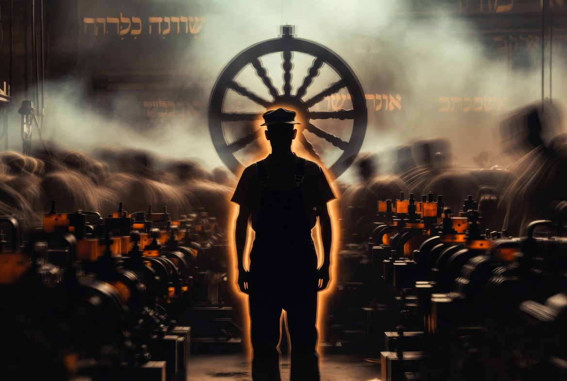 The Business of Busyness – Silhouetted man standing still amid motion-blurred factory chaos with glowing wheel