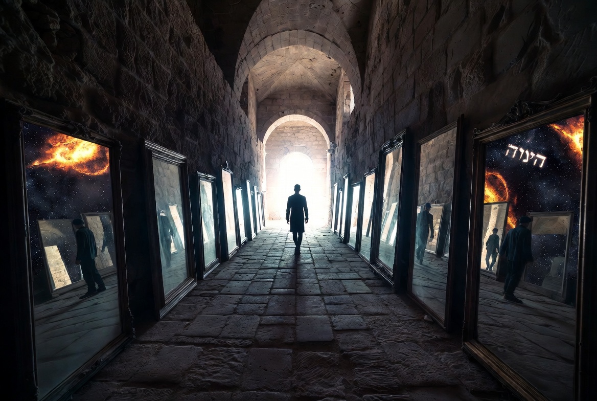 Don't Get Lost in Other People's Minds – Figure walking through mirror-lined stone corridor with fiery Ophanim wheel reflections
