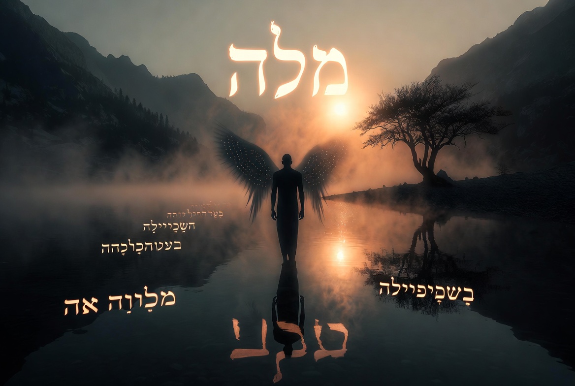Reset – Silhouetted figure standing at misty mountain lake at sunrise with seraphim wings reflected in water