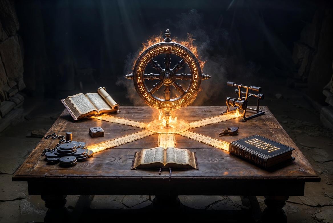 Site Map of JAYMS.COM – Six main content lanes (Logos Field Notes, Series, Myth Busters, The Forge, Beyond the Desk, THE INFECTED WORLD) arranged around a central fiery Ophanim wheel in dark archival cinematic style