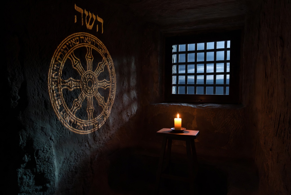 The Mind Is Its Own Place – Ancient monastic cell with single candle and glowing fiery wheel on stone wall