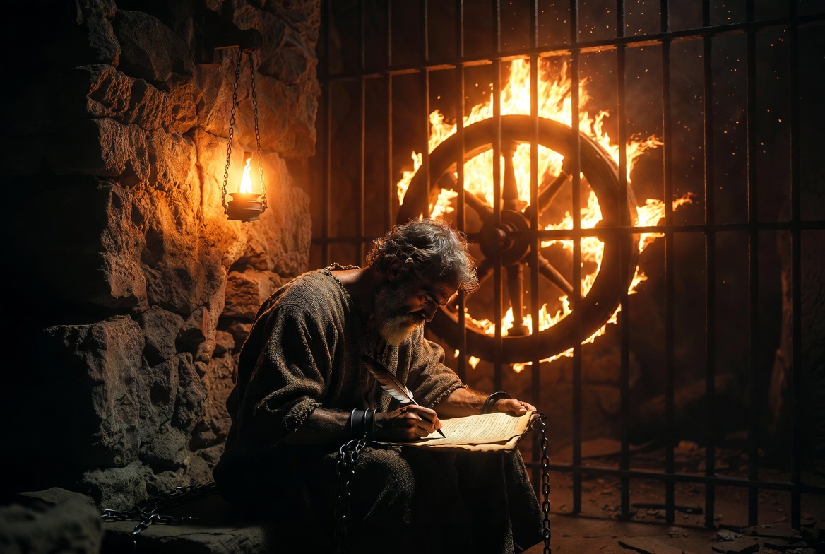 The Apostle Paul Timeline – Paul writing in Roman chains under a fiery Ophanim wheel, from Damascus Road to the spread of the gospel in dark archival cinematic style"