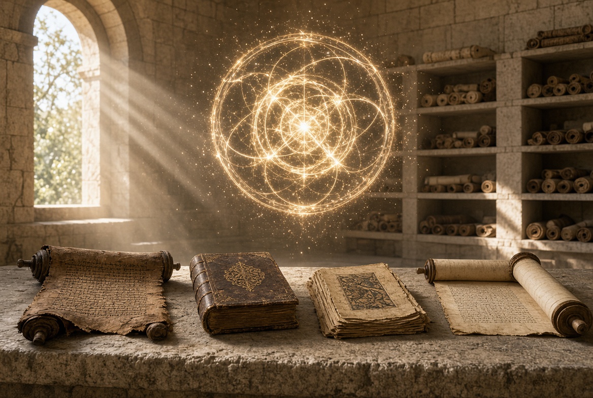 Four different manuscripts laid side by side on a stone shelf beneath a window, racked scrolls behind them — which Book of Enoch are we talking about
