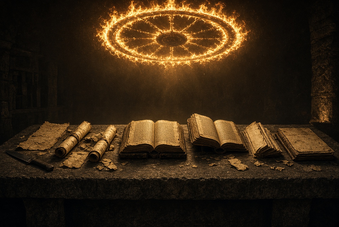 How We Got the New Testament Canon Timeline — ancient scrolls and codices under a fiery Ophanim wheel, dark archival cinematic style