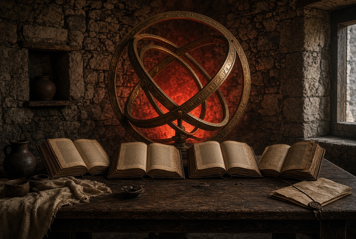 Five open codices ranged along a stone table in a vaulted room, an armillary of rings glowing behind them — did the early church quote the Gospels