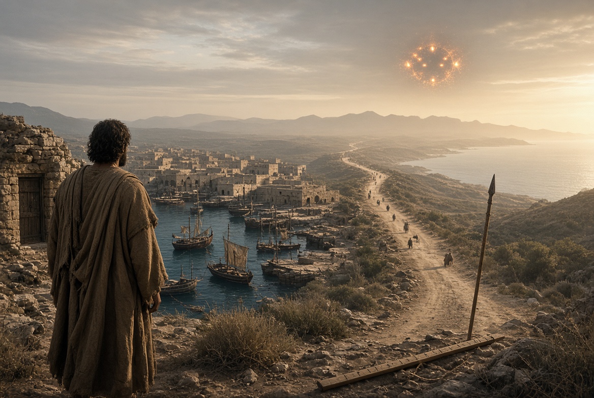 A robed figure standing among ruins above a busy harbour of merchant ships, a long road running along the coast — did Thomas the apostle go to India