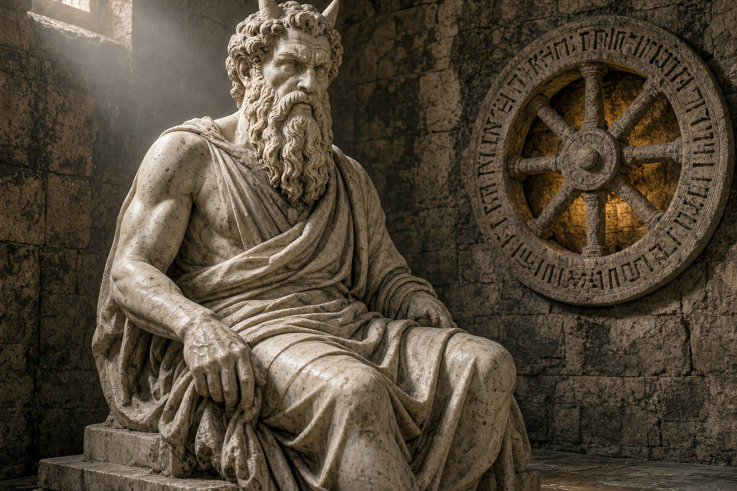 A marble statue of a seated Moses with two horns on his head, a carved stone wheel set into the wall beside him — Jerome, the man who went back to the Hebrew