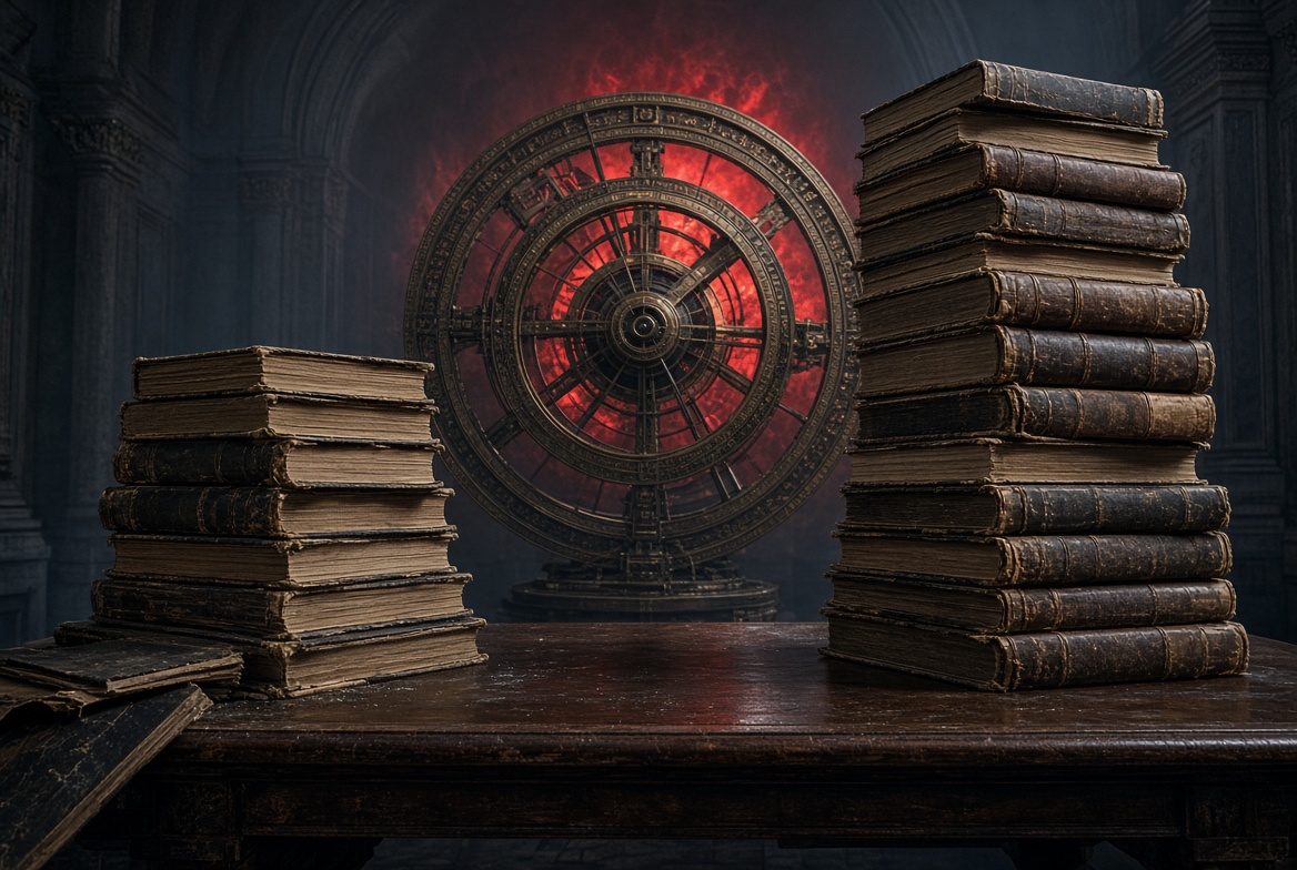 Two unequal stacks of books on a table either side of a spoked wheel, the smaller pile set apart from the larger — Marcion's canon, the first Bible list