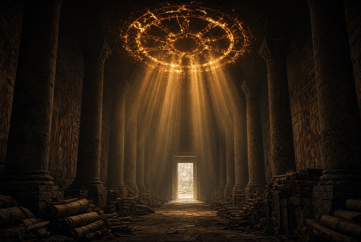 The Ante-Nicene Age AD 100–325 — stone corridor of scrolls and columns under a fiery Ophanim wheel, dark archival cinematic style