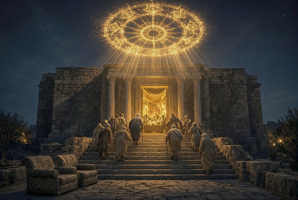 Stone steps climbing to a doorway blazing with golden light as small figures ascend toward it — the parable of the great banquet