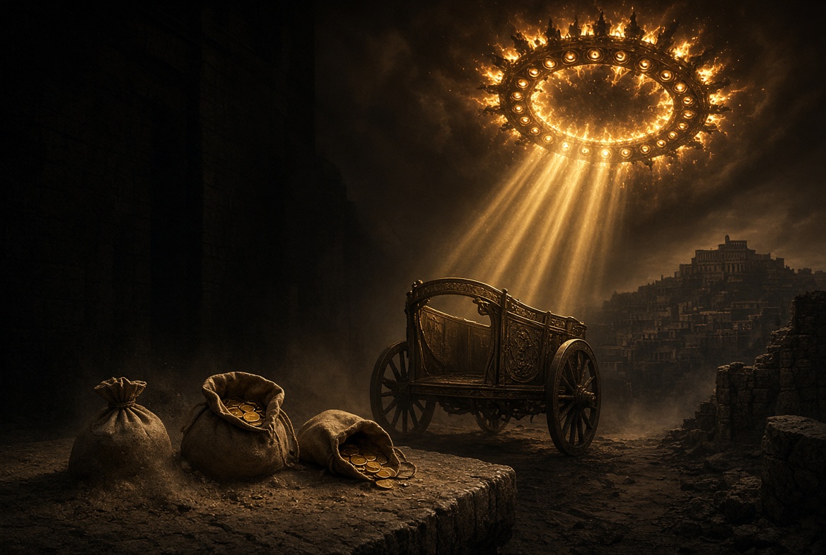 A street with a distant chariot and three bags on a table, the parable of the pounds and the returning king