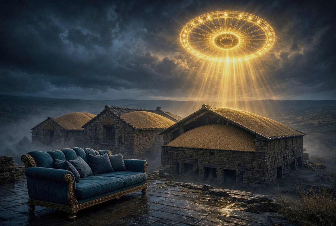A fine couch standing abandoned in the open ground before full storehouses under a storm sky — the parable of the rich fool