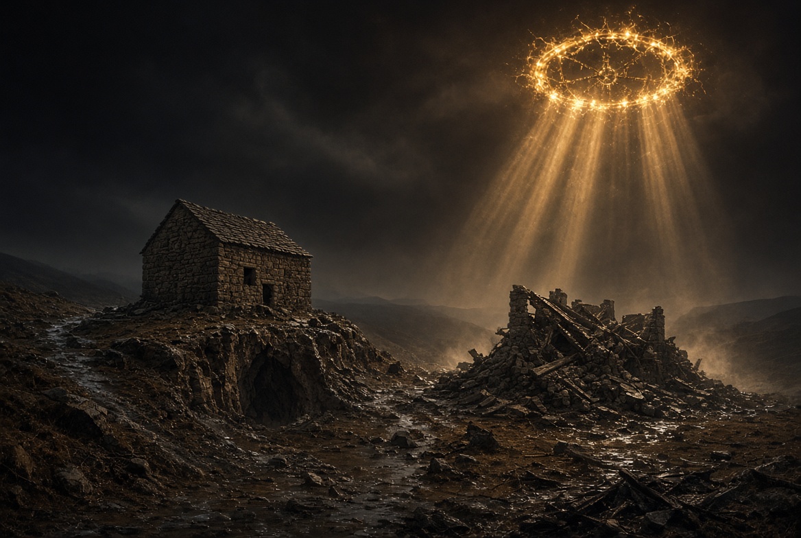 Two houses after a storm, one standing on exposed rock and one in rubble on shallow ground, the parable of the two builders