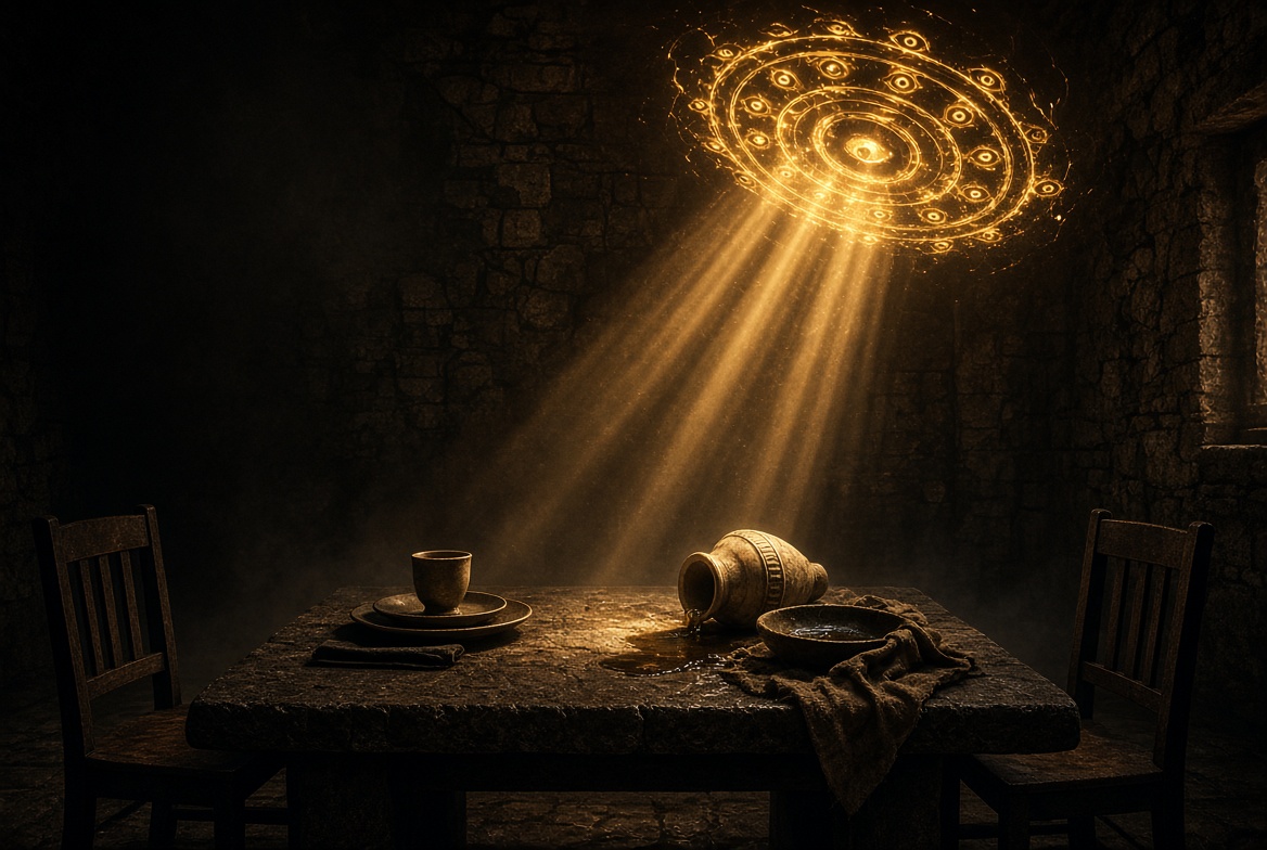 A dining table with one formal untouched place setting and another with an overturned ointment jar, a basin and a cloth, the parable of the two debtors