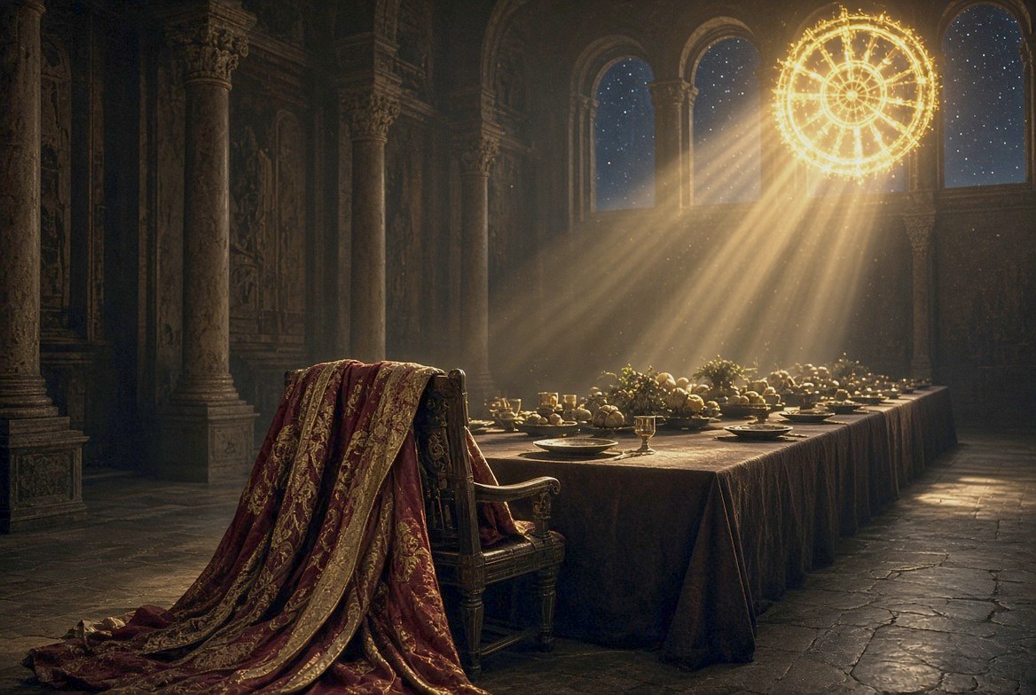 A long banquet table draped in red in a great hall, one seat standing empty at the end of it — the parable of the wedding feast and the man without a garment