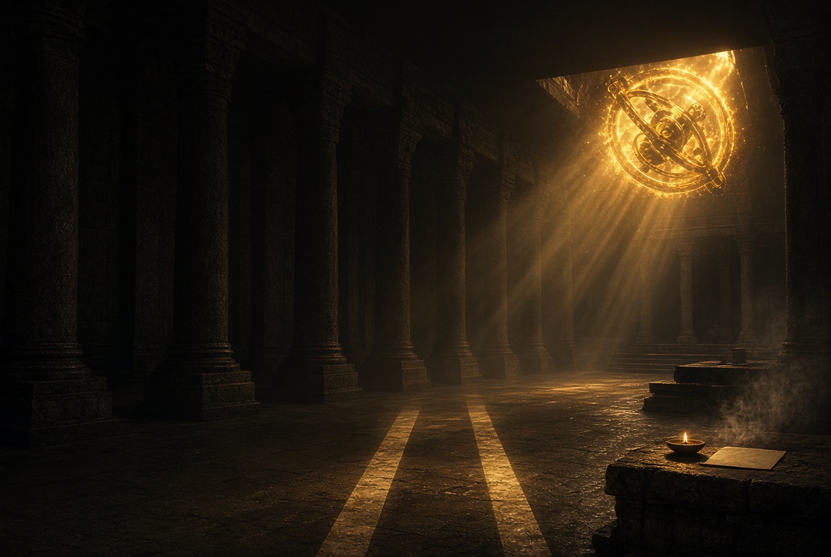 A temple courtyard with two distant figures, one standing in light and one in shadow, the parable of the Pharisee and the tax collector