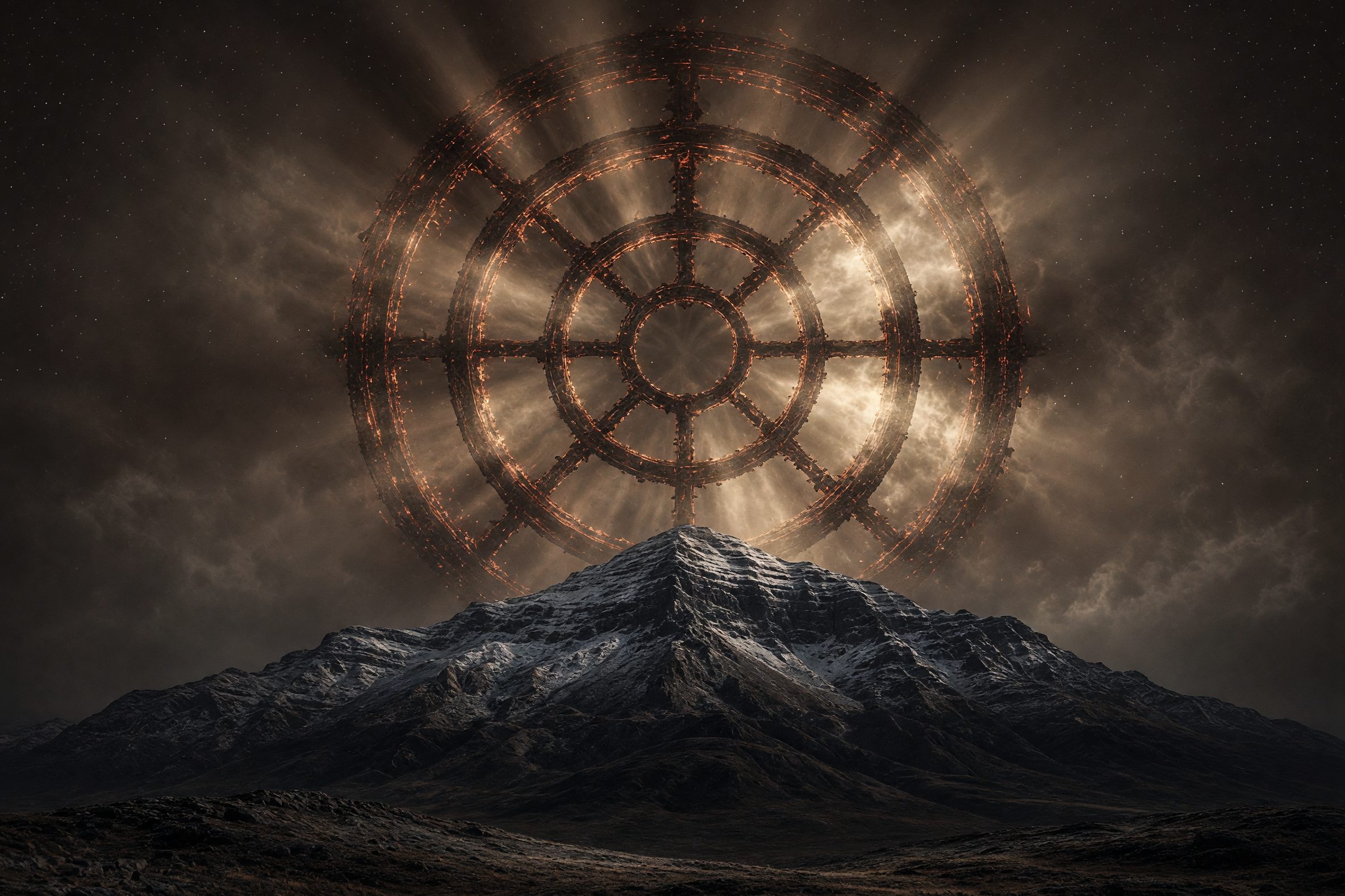 A dark mountain peak under storm cloud with an enormous burning wheel of rings standing in the sky directly above its summit — Reversing Hermon