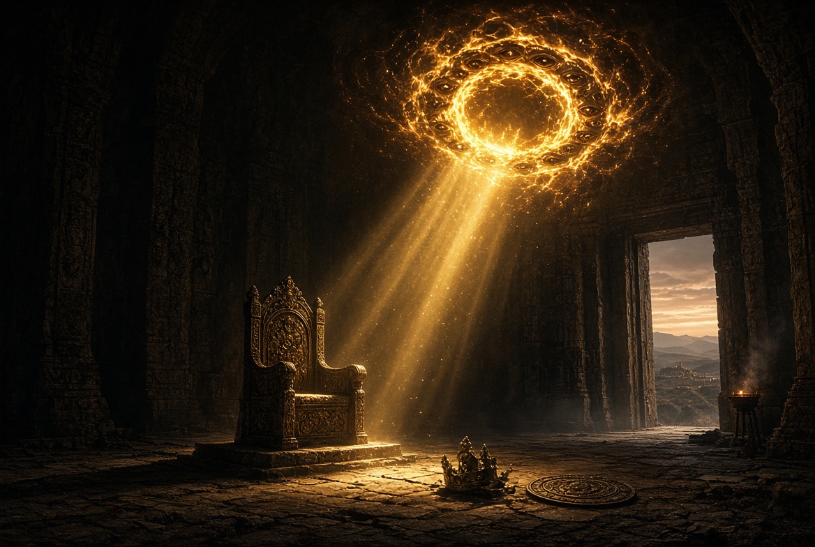 An empty throne room with a crown resting on the stone seat, the united kingdom under Saul, David and Solomon
