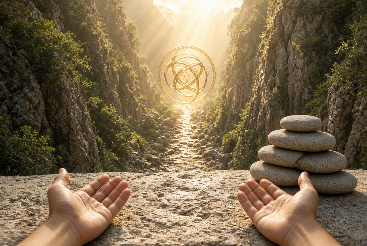 Two open empty hands on either side of a narrow stone path running up through a ravine toward the light, stacked stones at one side — forgive us our debts and deliver us from evil