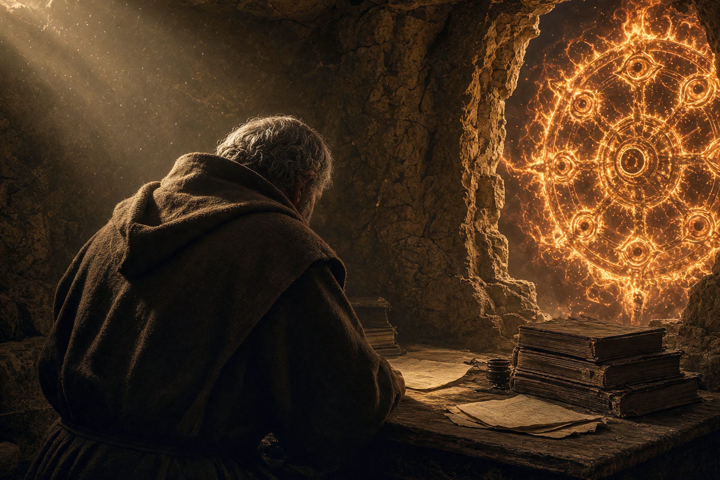 A hooded figure bent over books and loose papers at a desk in a rock chamber, a burning wheel of eyes filling the opening in the wall beside him — the names I didn't know