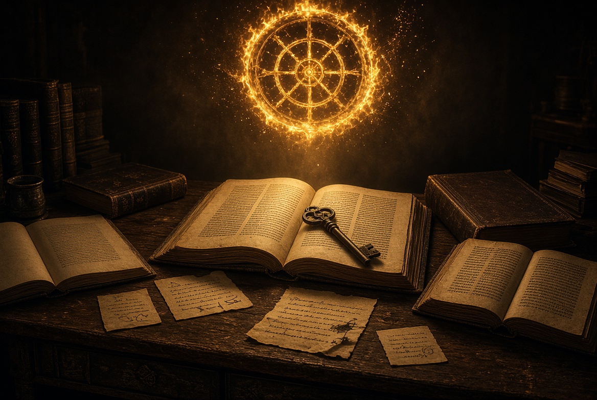 The Tree of Knowledge research companion — open lexicons and note cards with a key under a fiery Ophanim wheel, dark archival cinematic style
