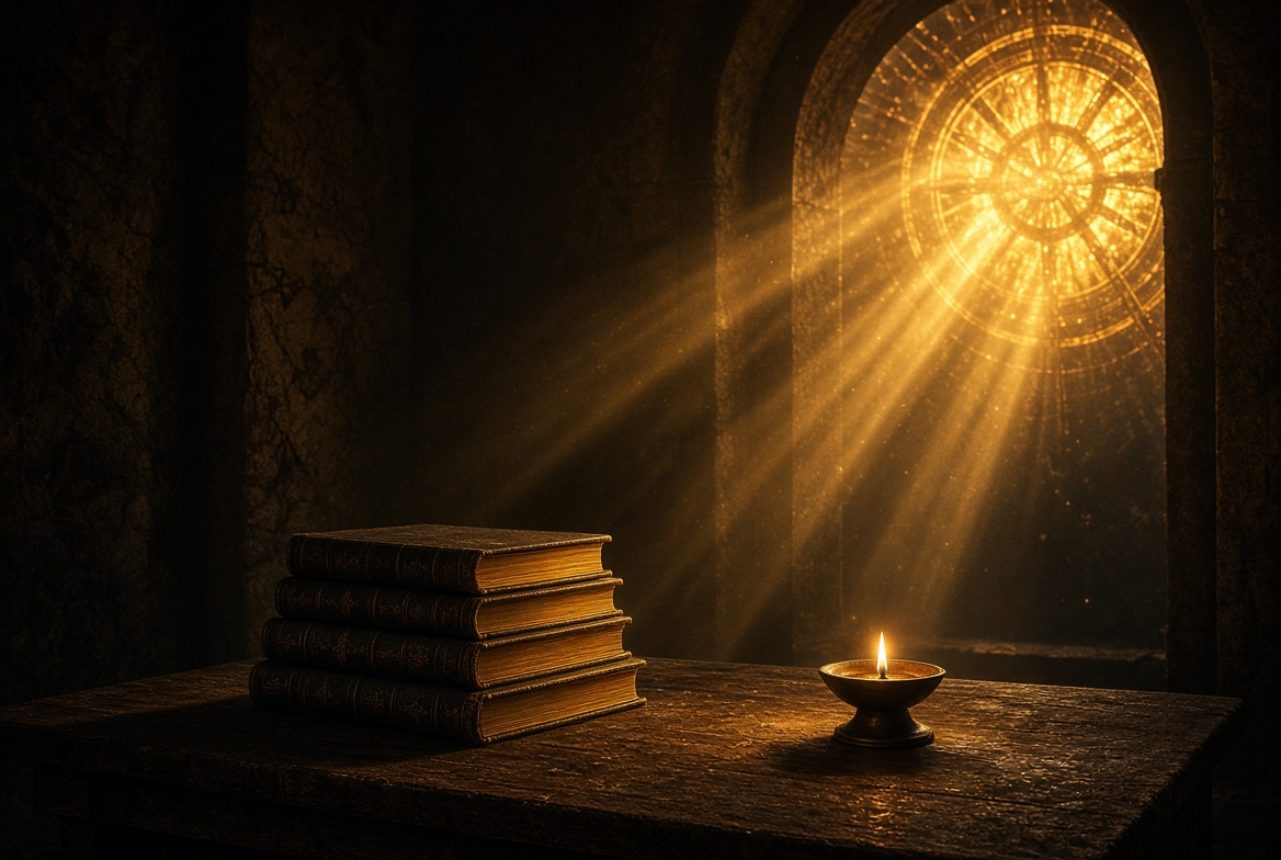 Four open volumes on a stone table, the wisdom books of the Old Testament