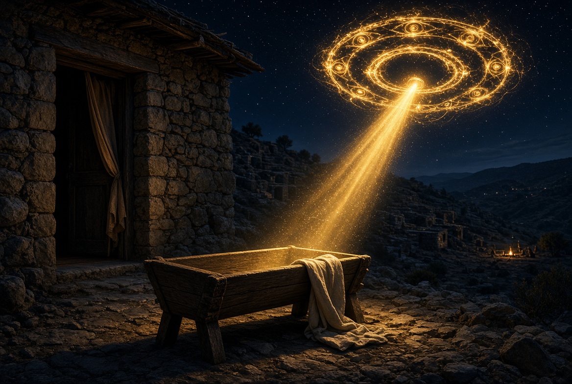 A stone feeding trough with cloth laid over it outside a village house at night, lit by a burning wheel of light — when was Jesus born and the nativity explained