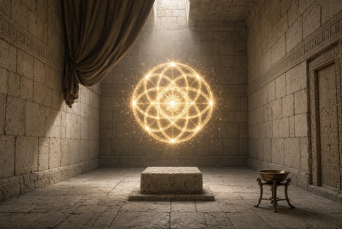 A bare stone chamber with a curtain drawn back and an empty plinth standing in the middle of the floor, a censer beside it — where is the Ark of the Covenant