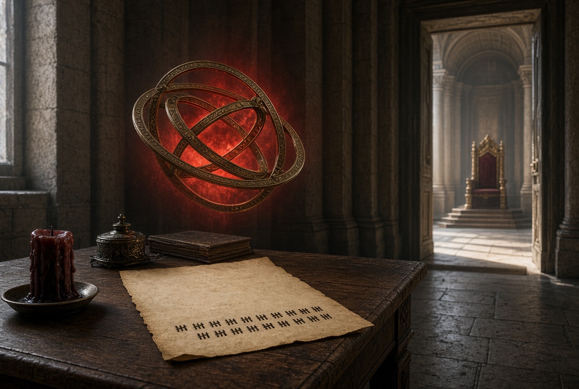 A list on parchment beside a candle on a dark table, a lit corridor running away to a distant empty throne — who decided the New Testament canon