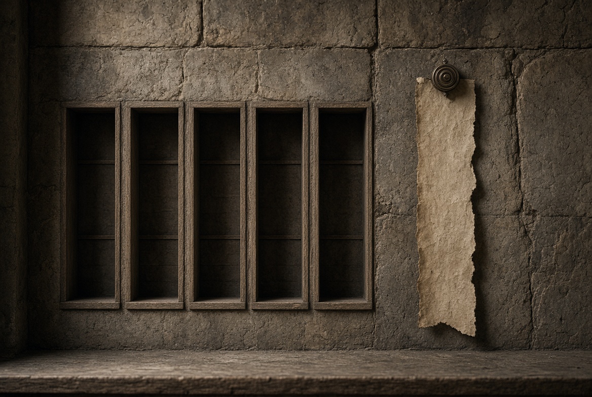 A stone wall of empty document niches with a single torn strip of parchment still pinned beside them — who was Hegesippus and what did he record