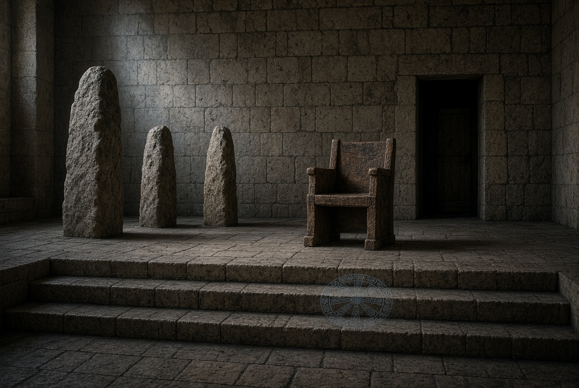 A plain wooden seat set before three standing stones on a raised stone platform inside a walled hall — who was James the brother of Jesus