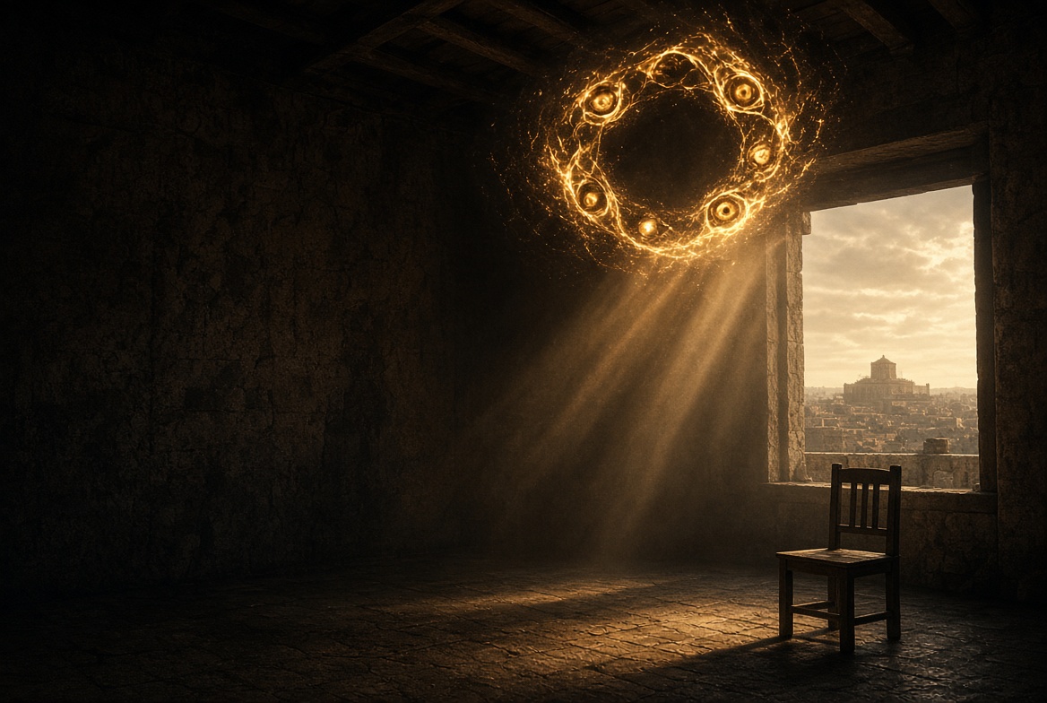 An upper room at first light with a chair by a window looking toward the temple, James the brother of Jesus