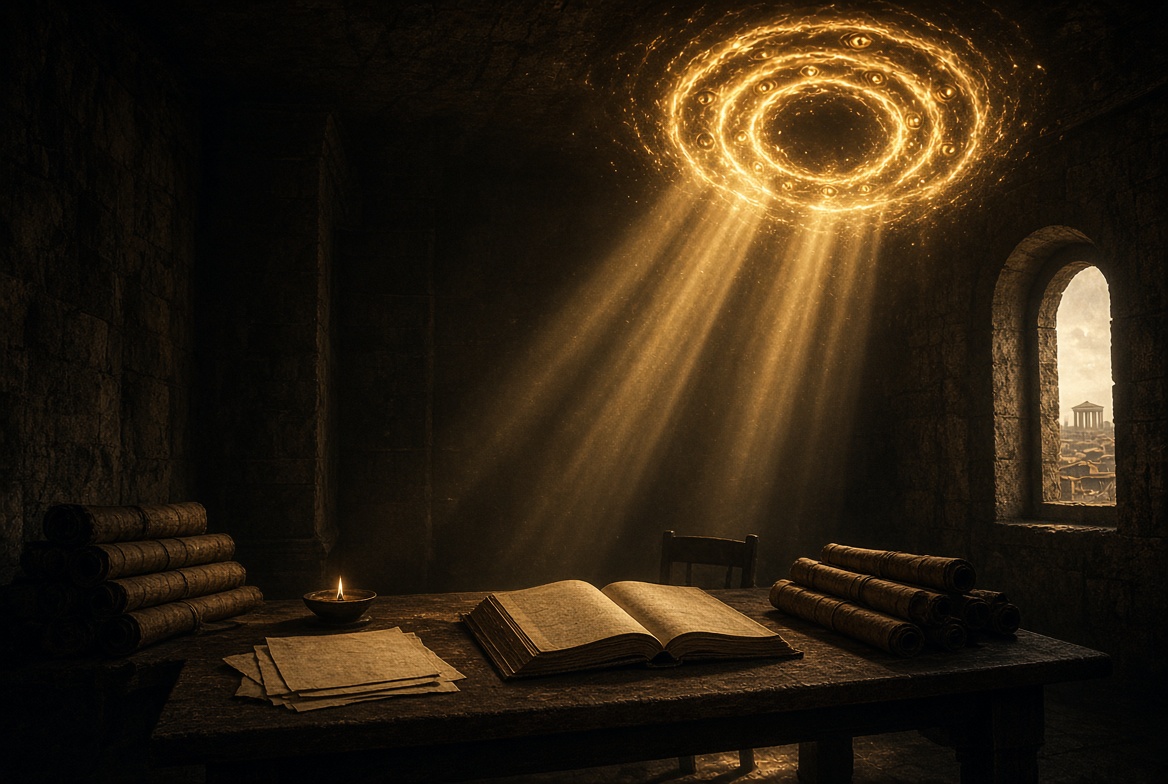 A dim Roman study of stacked scrolls and an open codex under an oil lamp, Josephus writing under Flavian patronage