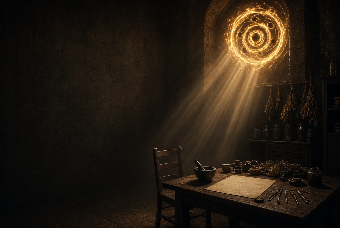 A physician's table of mortar, herbs, parchment and simple medical tools, Luke the beloved physician
