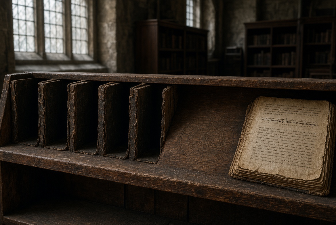 A row of bound volumes standing on a library shelf with one open codex laid flat beside them — who was Papias and what did he write