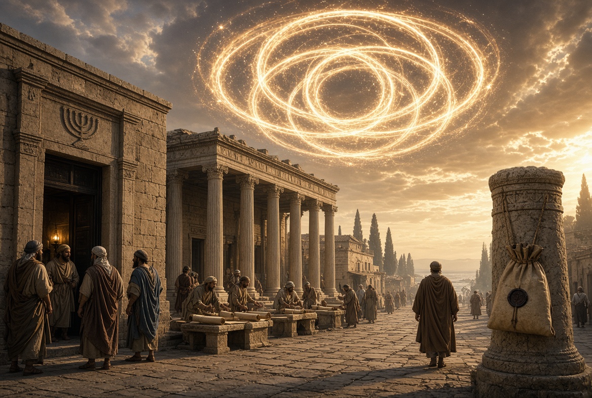A colonnaded street of a Hellenistic city with a synagogue doorway on one side, workbenches of goat-hair cloth outside and a lone figure walking away — who was Saul of Tarsus before Damascus