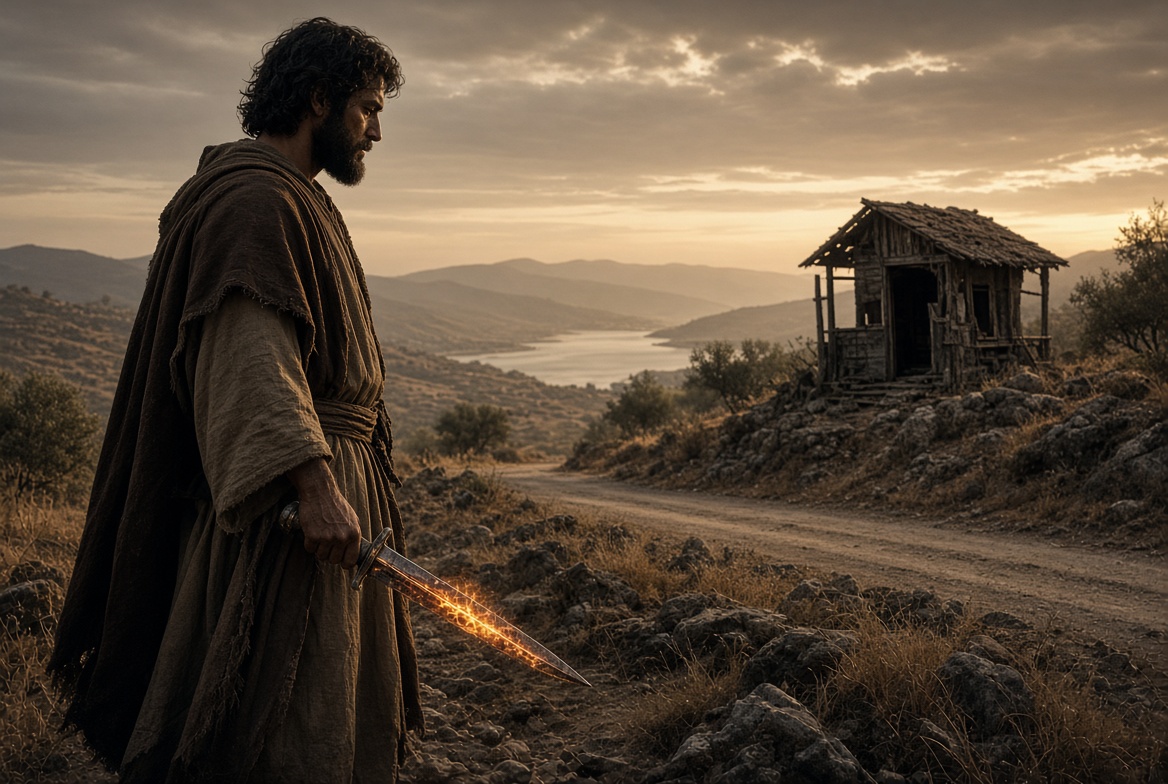 A robed man on a hill road at dusk lowering a short blade at his side, a small dwelling on the ridge below — who was Simon the Zealot